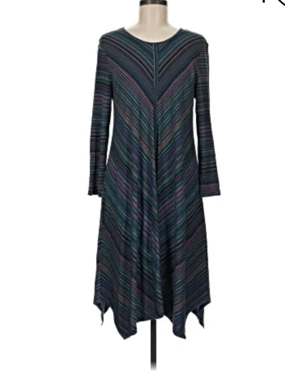 BCBGMaxAzria Navy and Teal Striped Long Sleeve Midi Dress